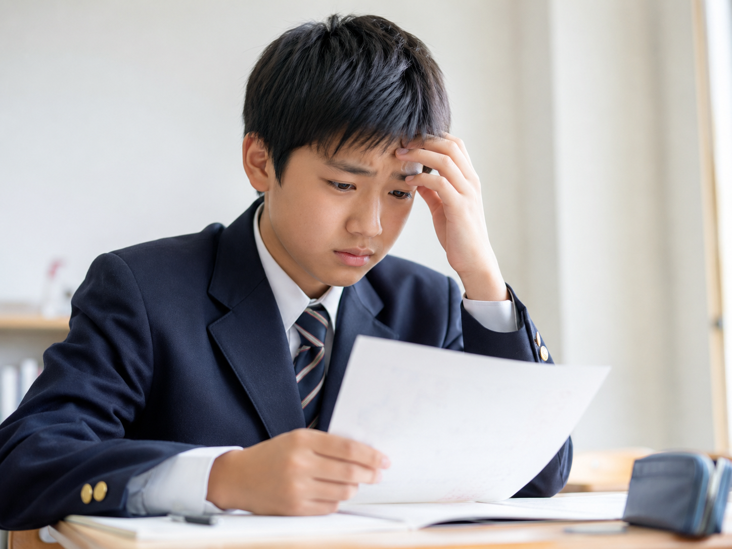 頭を抱える男子中学生