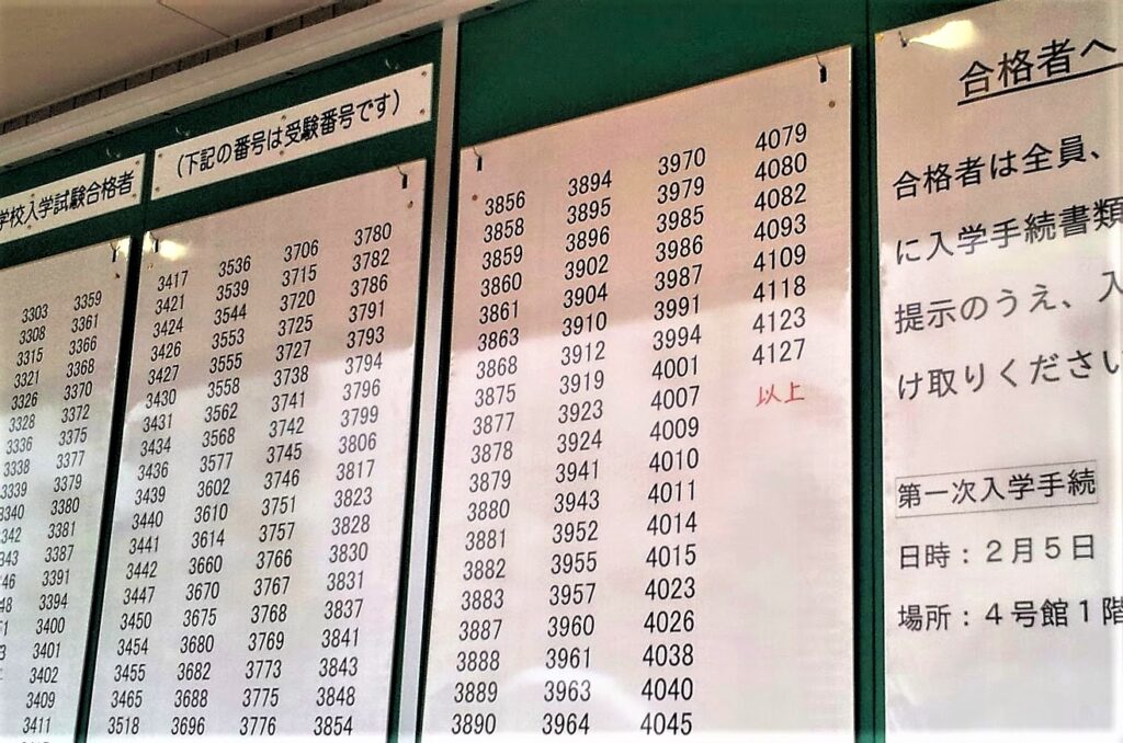 高校入試の合格発表の掲示板に並ぶ受験番号