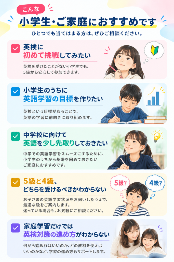 こんな小学生・ご家庭におすすめです。英検に初めて挑戦してみたい。小学生のうちに英語学習の目標を作りたい。中学校に向けて英語を少し先取りしておきたい。5級と4級、どちらを受けるべきかわからない。家庭学習だけでは英検対策の進め方がわからない。